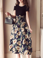 Round Neck Patchwork Belt Printed Maxi Dress