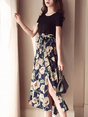 Round Neck Patchwork Belt Printed Maxi Dress