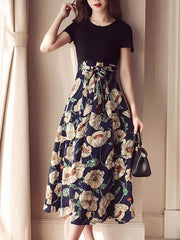 Round Neck Patchwork Belt Printed Maxi Dress