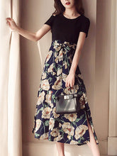 Round Neck Patchwork Belt Printed Maxi Dress