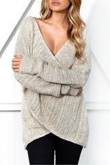 Deep V Neck Asymmetric Hem Plain Sweaters