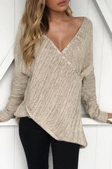 Deep V Neck Asymmetric Hem Plain Sweaters