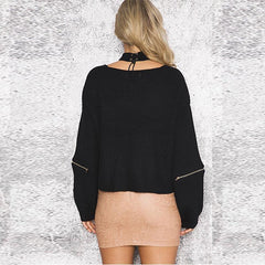 V Neck Plain Zipper Choker Sweater