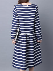 Crew Neck Slit Pocket Contrast Piping Striped Skater Dress