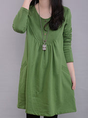 Round Neck Ruched Single Breasted Slit Pocket Plain Skater Dress
