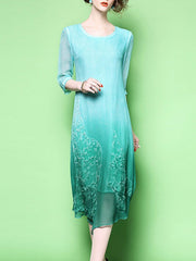 Round Neck Asymmetric Hem Embroidery Maxi Dress