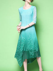 Round Neck Asymmetric Hem Embroidery Maxi Dress