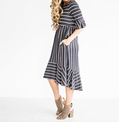 Women Short Sleeve Ruffles Striped Patchwork Casual Dress