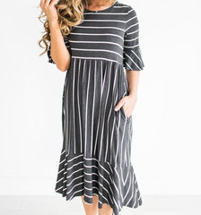 Women Short Sleeve Ruffles Striped Patchwork Casual Dress