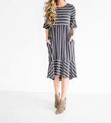 Women Short Sleeve Ruffles Striped Patchwork Casual Dress