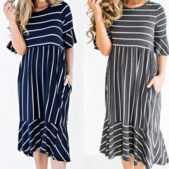 Women Short Sleeve Ruffles Striped Patchwork Casual Dress