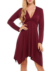 Women Solid V Neck Long Sleeve Irregular Casual Dress