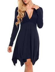 Women Solid V Neck Long Sleeve Irregular Casual Dress