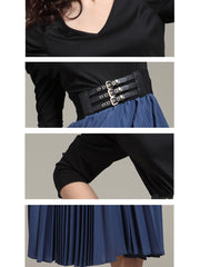 V-Neck Patchwork Ruffled Hem Belt Color Block Plain Skater Dress