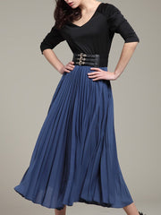 V-Neck Patchwork Ruffled Hem Belt Color Block Plain Skater Dress