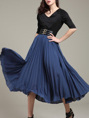 V-Neck Patchwork Ruffled Hem Belt Color Block Plain Skater Dress