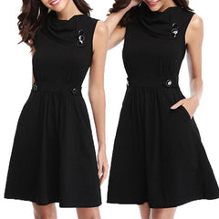 Women Patchwork POLO Lapel Sleeveless Elegant Skater Dresses