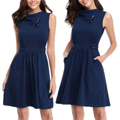 Women Patchwork POLO Lapel Sleeveless Elegant Skater Dresses