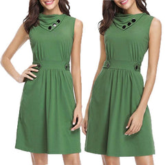 Women Patchwork POLO Lapel Sleeveless Elegant Skater Dresses