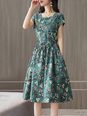 Round Neck Drawstring Patch Pocket Floral Printed Skater Dress