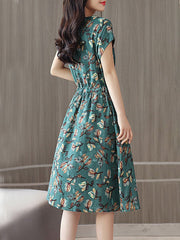 Round Neck Drawstring Patch Pocket Floral Printed Skater Dress