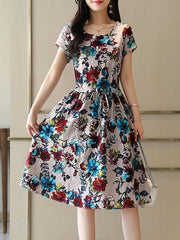 Round Neck Drawstring Patch Pocket Floral Printed Skater Dress