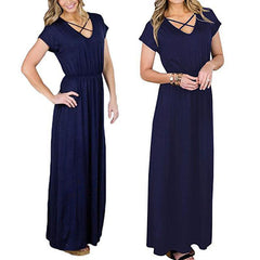 Women Casual Solid Cross Strap V Neck Sexy Maxi Dress