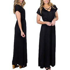 Women Casual Solid Cross Strap V Neck Sexy Maxi Dress