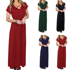 Women Casual Solid Cross Strap V Neck Sexy Maxi Dress