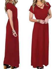 Women Casual Solid Cross Strap V Neck Sexy Maxi Dress