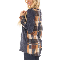 Fashion Plaid Patchwork Round Neck Long Sleeve T-Shirts
