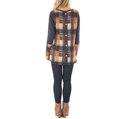 Fashion Plaid Patchwork Round Neck Long Sleeve T-Shirts