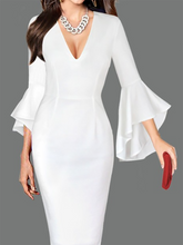 Deep V-Neck Cutout Flounce Zips Bust Darts Plain Bell Sleeve Bodycon Dresses
