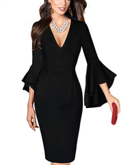 Deep V-Neck Cutout Flounce Zips Bust Darts Plain Bell Sleeve Bodycon Dresses