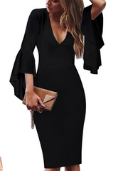 Deep V-Neck Cutout Flounce Zips Bust Darts Plain Bell Sleeve Bodycon Dresses