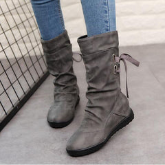 Plain Invisible High Heeled Velvet Round Toe Casual Mid Calf Flat Boots