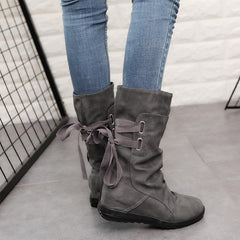 Plain Invisible High Heeled Velvet Round Toe Casual Mid Calf Flat Boots