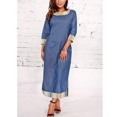 Women Autumn Denim Printed Patchwork Folk-Custom Maxi Dress