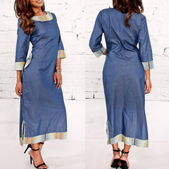 Women Autumn Denim Printed Patchwork Folk-Custom Maxi Dress