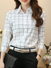 Autumn Spring Polyester Women Single Breasted Plaid Long Sleeve Blouses