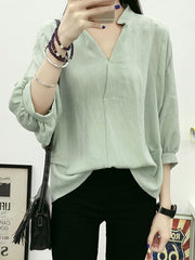 Autumn Spring  Cotton  Women  V-Neck  Plain  Batwing Sleeve  Long Sleeve Blouses