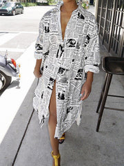 Women Turn Down Collar Newspaper printed jacket style shift dresses