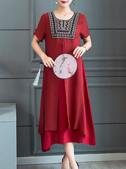 Round Neck Asymmetric Hem Embroidery Maxi Dress