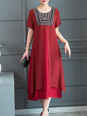 Round Neck Asymmetric Hem Embroidery Maxi Dress