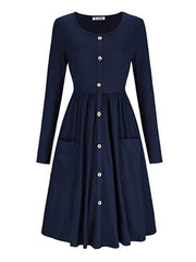 Round Neck Decorative Buttons Patch Pocket Plain Skater Dress