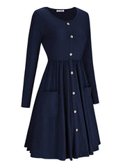 Round Neck Decorative Buttons Patch Pocket Plain Skater Dress
