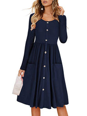 Round Neck Decorative Buttons Patch Pocket Plain Skater Dress