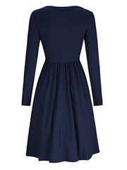 Round Neck Decorative Buttons Patch Pocket Plain Skater Dress