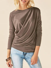 Round Neck Asymmetrical Pleated Long Sleeve T-Shirts
