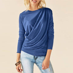 Round Neck Asymmetrical Pleated Long Sleeve T-Shirts
